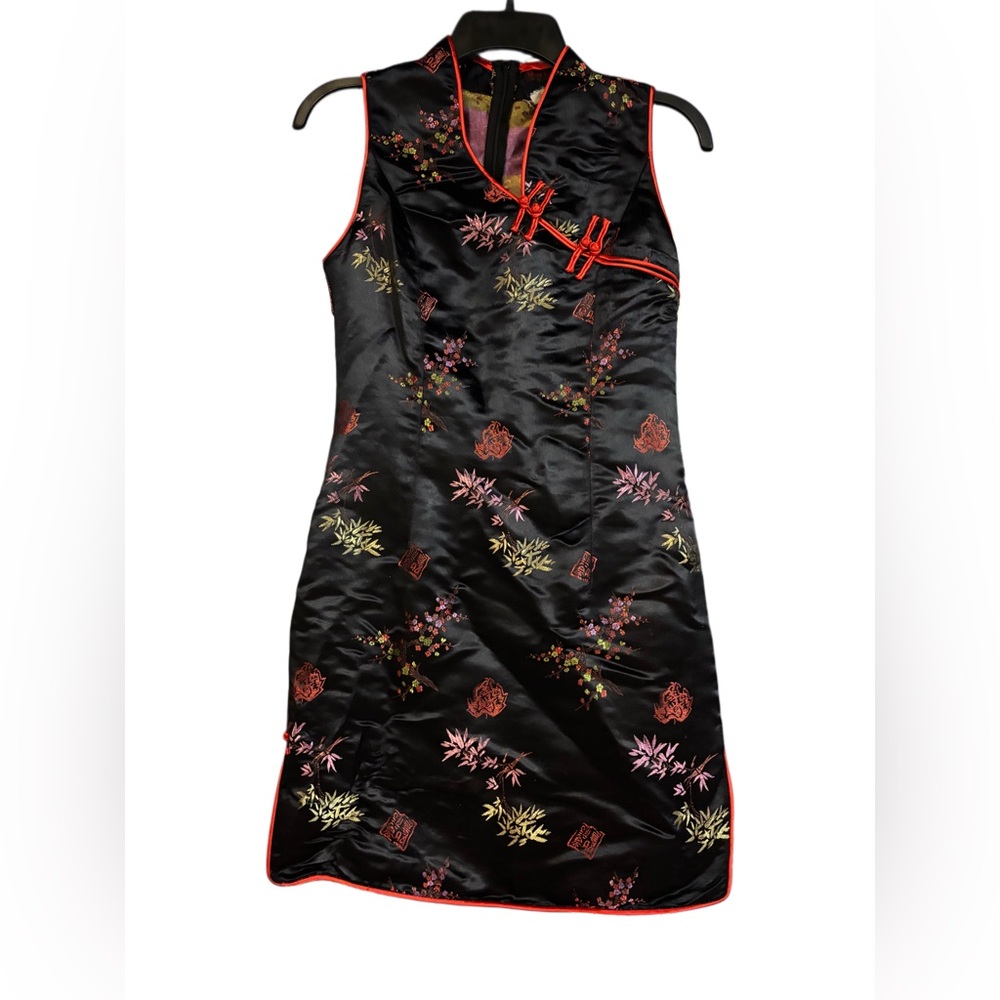 Silky Black & Red Chinese Short Body-con Dress Asian Lady Slim Cheongsam vintage